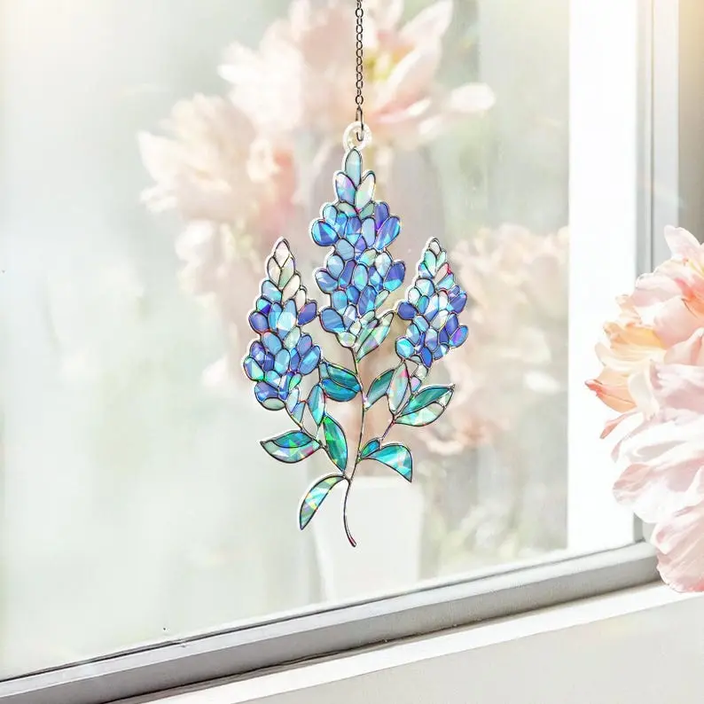 Acrylic 2D Flat Bluebonnet Window Hanging, Broken Glass Hologram Suncatcher, Wildflower Light Catcher, Library Decor