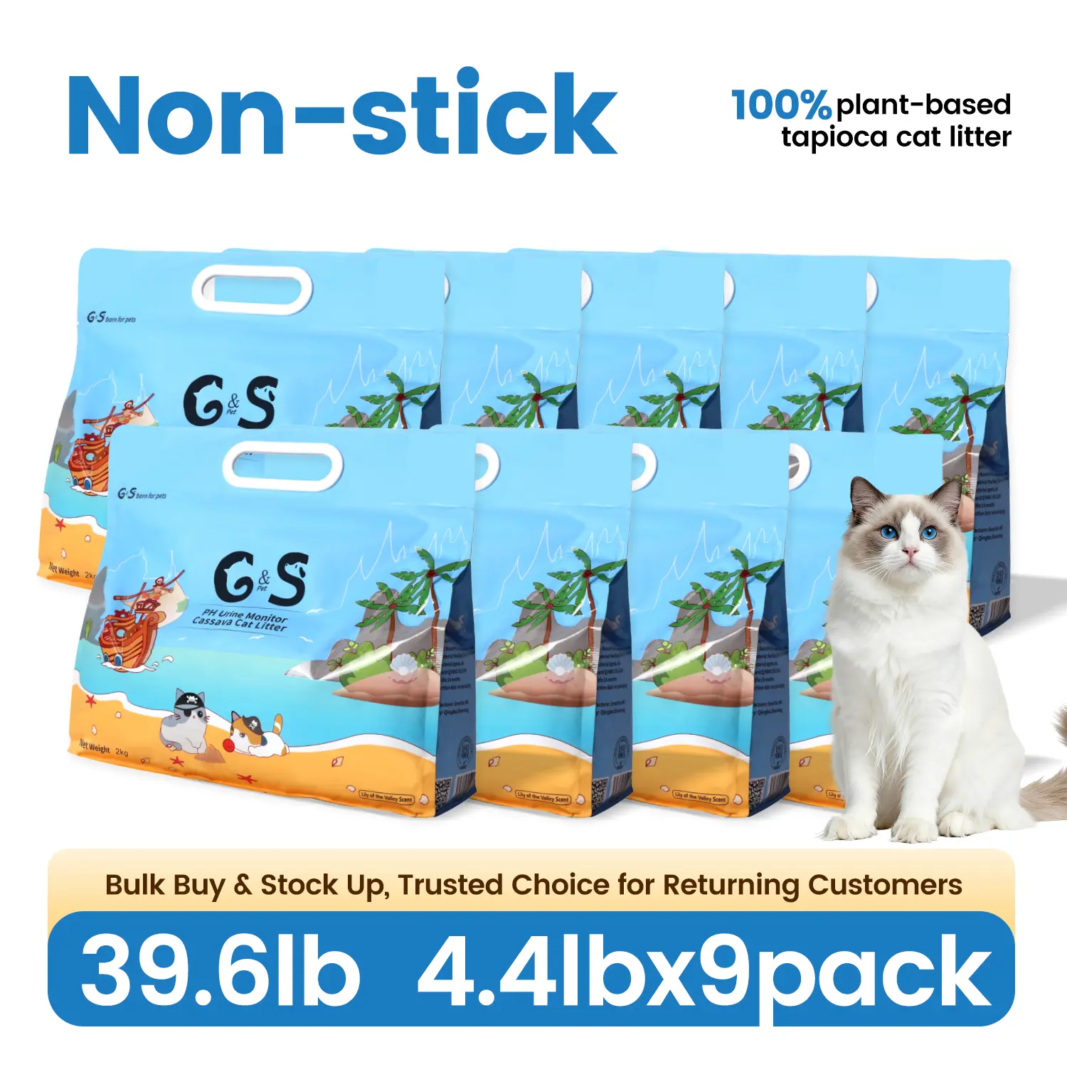 G&S (9 bags) Cassava Cat Litter - 41 pounds - 100% natural and organic - Suitable for detecting urinary system diseases. Sustainable cat litter that is easy to clean and has a unique texture. Made from cassava.