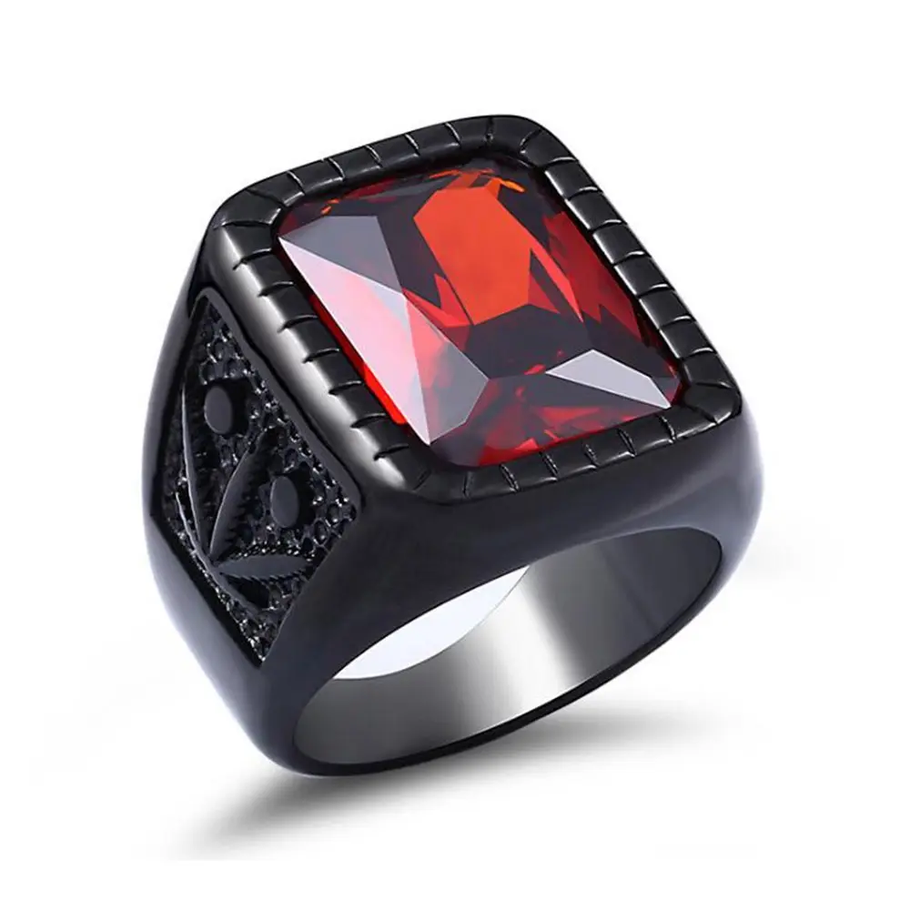 Stainless Steel Gothic Ring for Men Black Red Gem Maple Leaf Adjustable Punk Hip Hop Skull Jewelry Mens Biker Band Ring Bold Statement Finger Accessories
