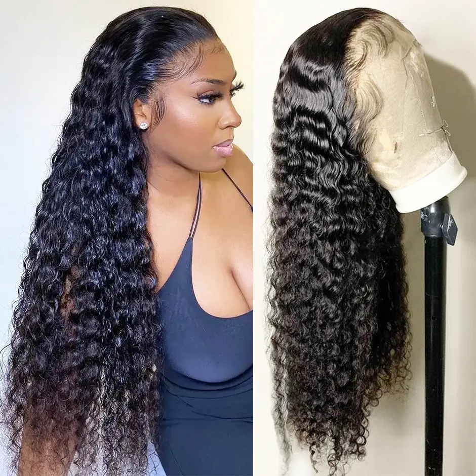 FORGIRL FOREVER 30 inch 13x6 Water Wave Human Hair Lace Frontal Wig Pre-plucked Deep Wave Curly Transparent Lace Front Human Hair Wigs For Women