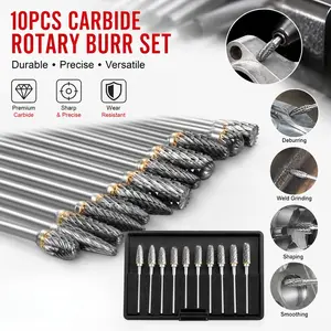 Carbide Burr Set Compatible with Dremel – 10Pcs 1/8" Shank Rotary Tool Bits, Double Cut Die Grinder Burrs for Metal Wood Carving, Engraving, Porting, Grinding