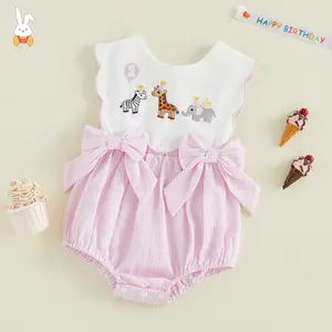 Baby Girls Summer Birthday Day Romper Sleeveless Animal Embroidery Striped Patchwork Bodysuit With Bow
