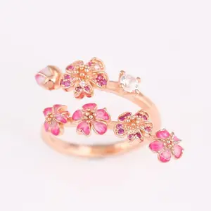 S925 Silver Rose Enamel Peach Blossom With Crystal Ring For Women Wedding Party Gift fit Lady Fine Jewelry