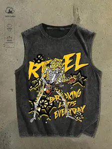 Men's Casual Washed Cotton Vest, Flame Skull Guitar Print, Text, Rock Punk Style, Soft Breathable Fabric, Daily Wear, Music Festivals
