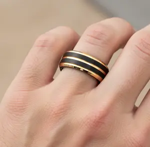 Gold & Black Ion Plated Pinstripe Unique Ring, Tungsten Wedding Band, Mens Promise Ring, Engraved Anniversary Ring Men's Engagement Ring