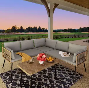 DWVO 4PC Outdoor Patio Furniture Set Rattan Chair with Coffee Table Loveseat L-Shaped