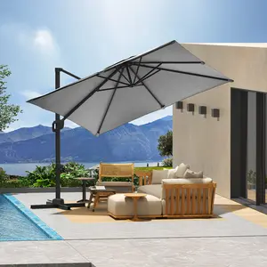 Heavy Duty 10x10FT Cantilever Patio Umbrella with 360° Rotation – Large Square Outdoor Aluminum Umbrella, Iron Frame, Windproof Offset Sunshade, Polyester Fabric, Cross Base for Garden, Deck, Pool, Backyard