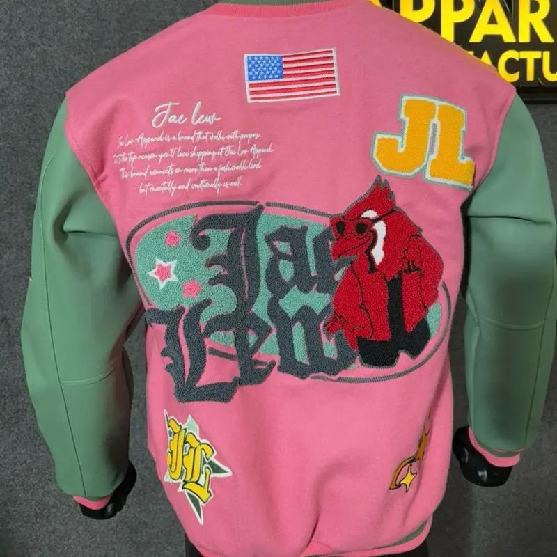 Jae Lew Pink Sage Lemonade Cream Pie Varsity Jacket with Bold JL Logo and Green Sleeves