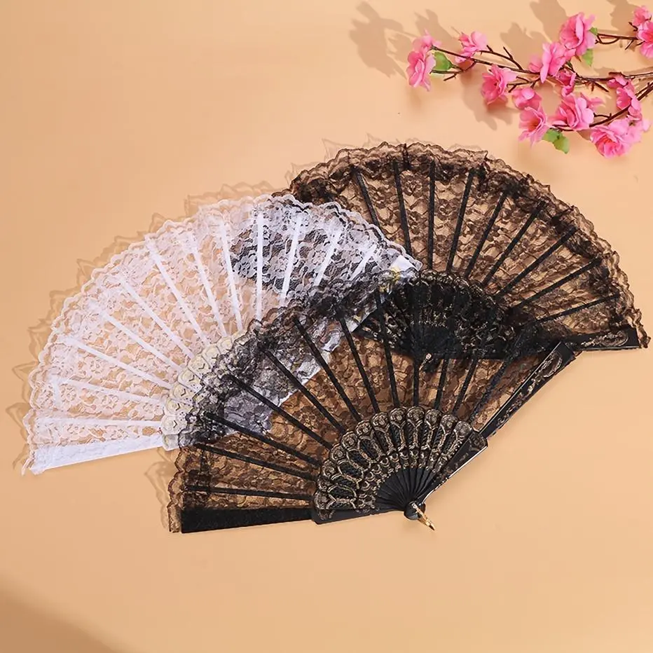 Lace Folding Fan, Flower Design, 2 Counts/set Elegant Hand Fan, Fashionable Handheld Fan, Portable Folding Fan for Home Party Wedding Decoration, Party Supplies, Decoration Items, Wedding Hand Fans, Decorations Supplies