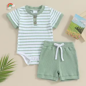 Baby Boy 2-Piece Striped Ribbed Outfit Set, Short Sleeve Henley Bodysuit & Matching Shorts, Cute Summer Playwear (0-18M)