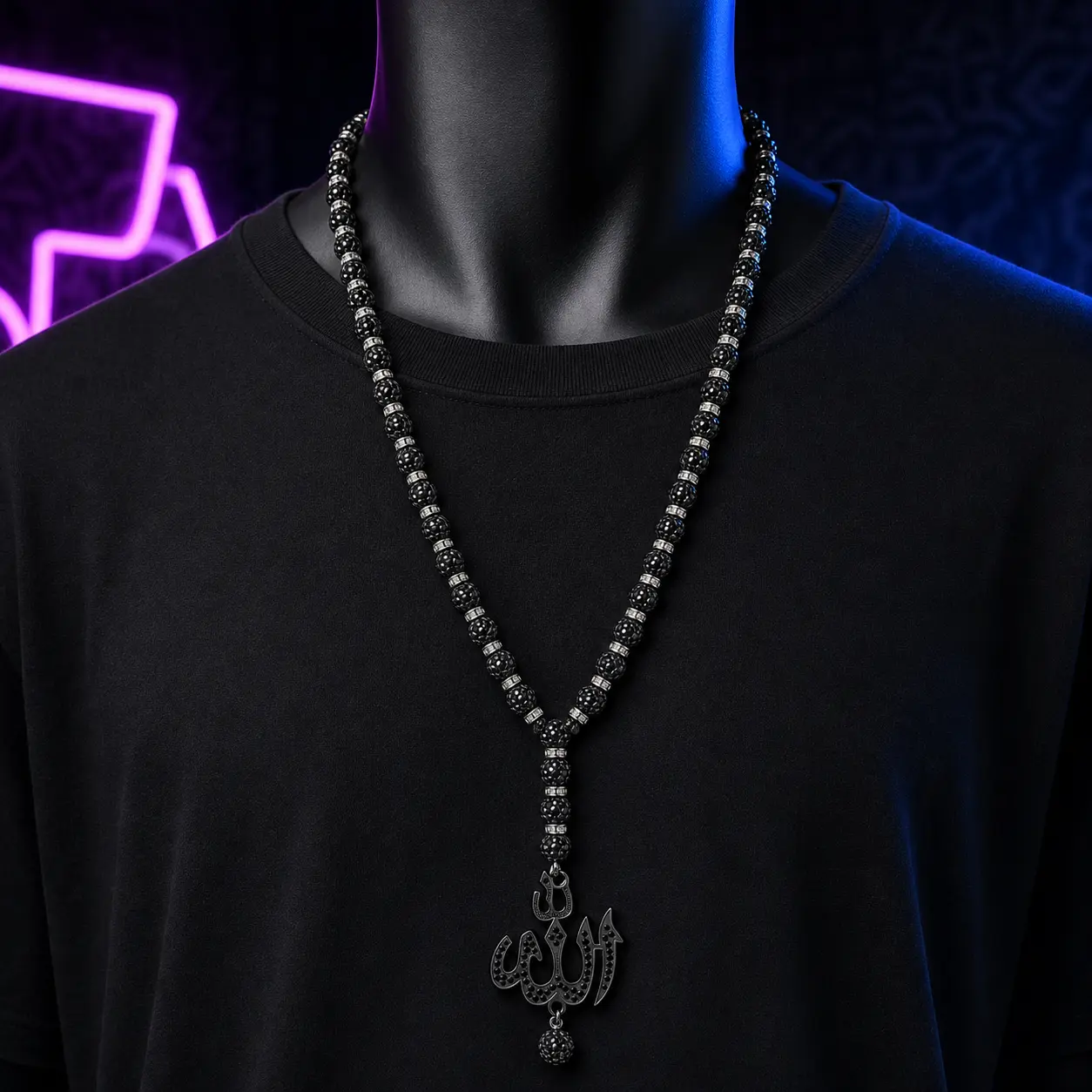 Midnight Black-Men’s Iced Arabic Calligraphy Necklace, Glossy Black Beads, Hip Hop Jewelry campingessentials