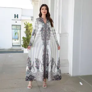 Muslim Ladies Long Dress Printed Diamond Embellished Stand Collar Abaya New Style Cross-Border Middle East Clothing