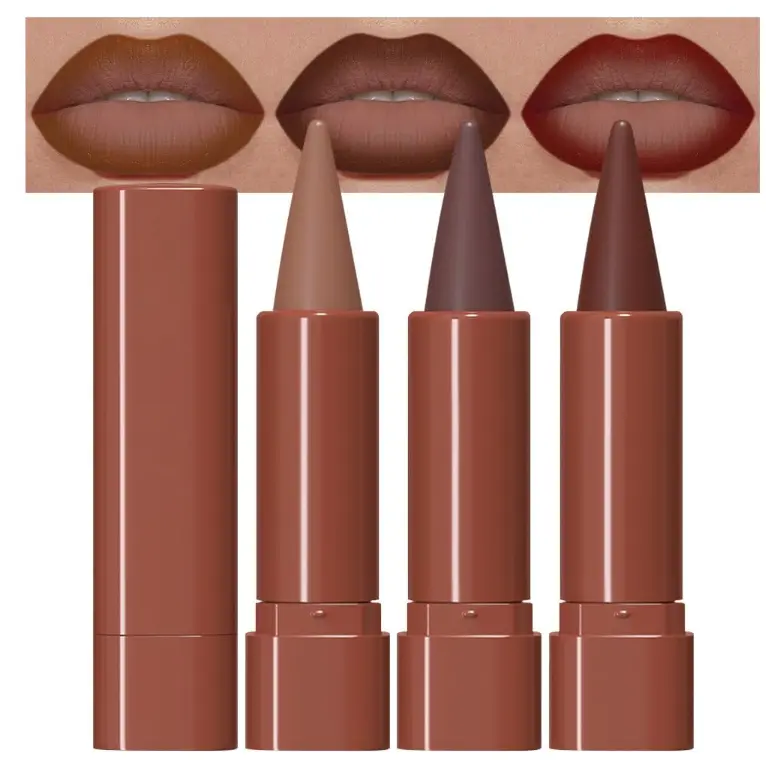 evpct 3Pcs Warm Brown Maroon Dark Wine Red Gradient Matte Lipstick Lip Liner Crayon Combo Pencil Set for Women Long Lasting, Cream Lip Liner and Lipstick Combo Makeup，Flawless Gradual Ombre Effect