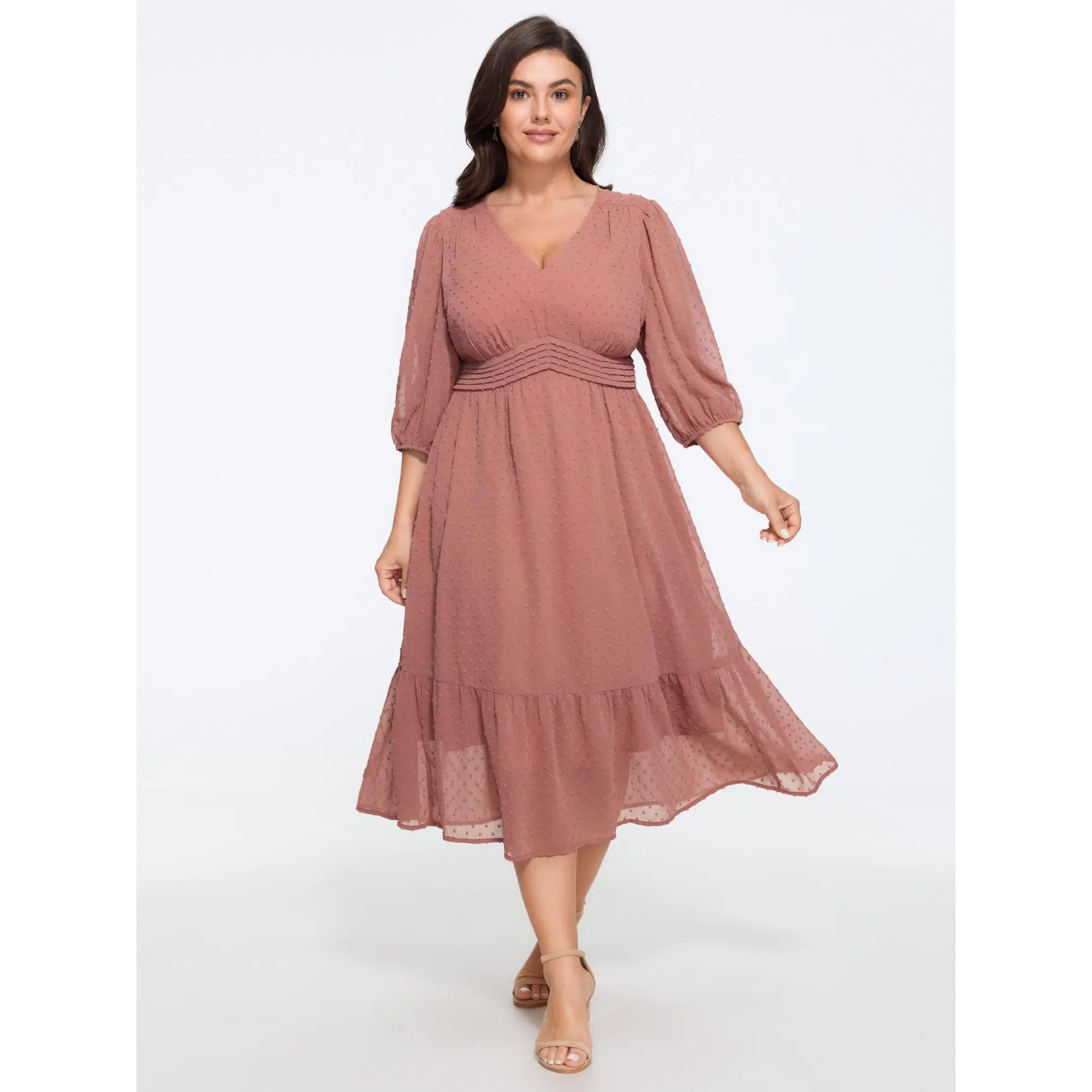 BLOOMCHIC Lady's Plus Size Casual Polyester Fabric Dress - Textured, Shirred Waist, Ruffled, Smooth Fit, Midi Length, Pocket, Sleeve [M-6X] - Back To School, Fall Pick
