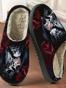 Ghost Skull Dark Printed Cotton Slippers, Vintage Mystery Style, Fuzzy Lined Anti-Slip Thick Sole, Home Warm Shoes for Men Women Fall Winter