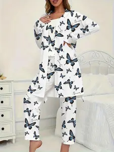 Women's Butterfly Print Tank Top & Long Sleeve Tie-Dye Sleepwear Set, Comfortable Casual Chic Pajama Suit, 4-Piece Loungewear Collection, Pjs