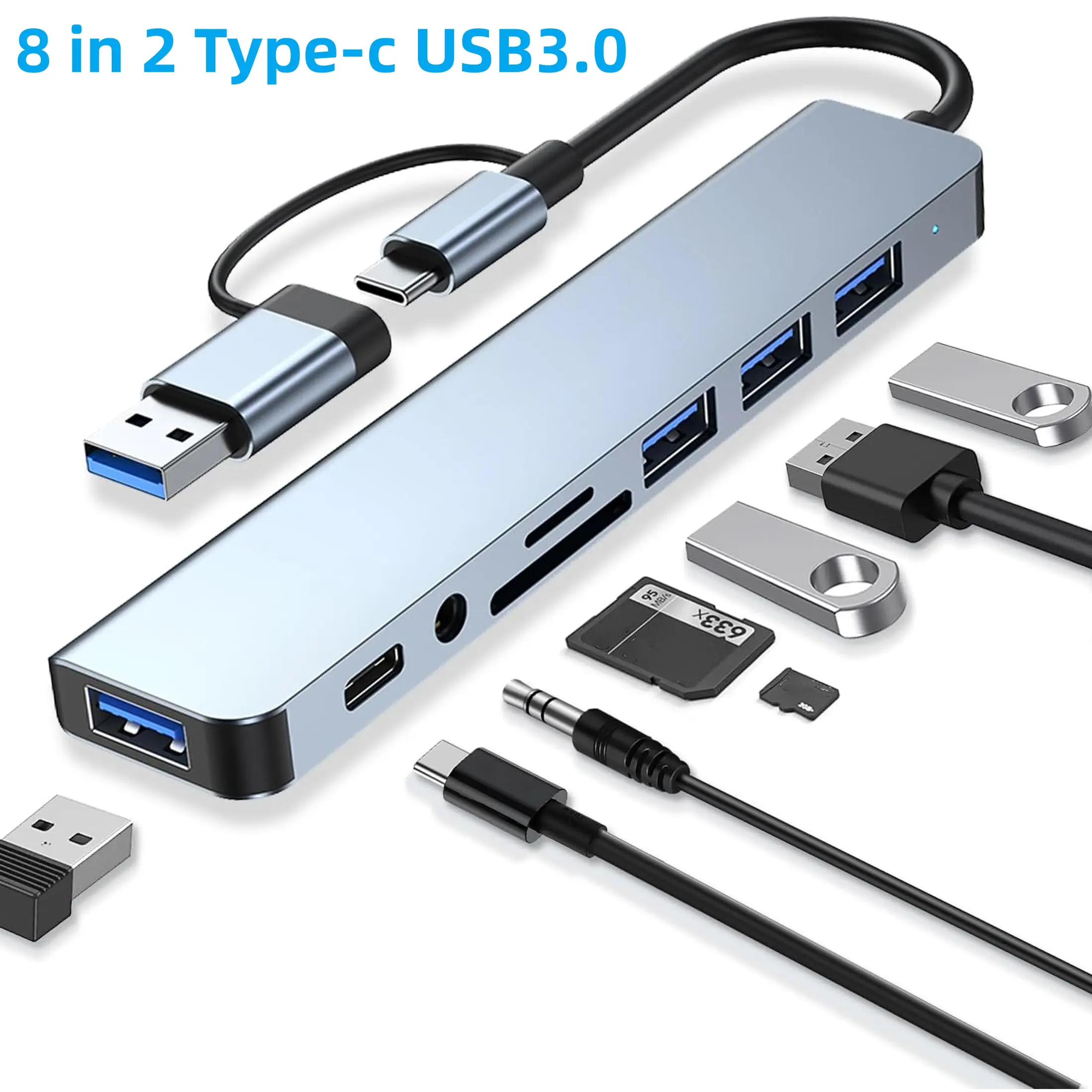 8-in-1 USB C HUB, Portable USB Hub, USB Splitter, USB Expander, USB Multiport Adapter with 4 USB Ports, 1 USB C TF/SD Card Reader, 3.5mm Audio Output, Compatible with Macbook Pro/iPad Pro/HP Laptops, USBC SD Card Reader