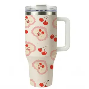 1 Pc 40oz Cherry Heart Shape Insulated Travel Mug With Handle, Cute Kawaii Coffee Tumbler, Mother's Day Gift,A gift for mom, Large Capacity Insulation Cup For Iced Drinks And Hot Beverages, Reusable Drinkware For Daily Use, Sweet Gift For Women