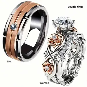 Set of 3 includes 1 Fashionable stainless steel couple ring for men, Set of 2 Rose engagement rings for women,wedding gift,engagement,gift for couples