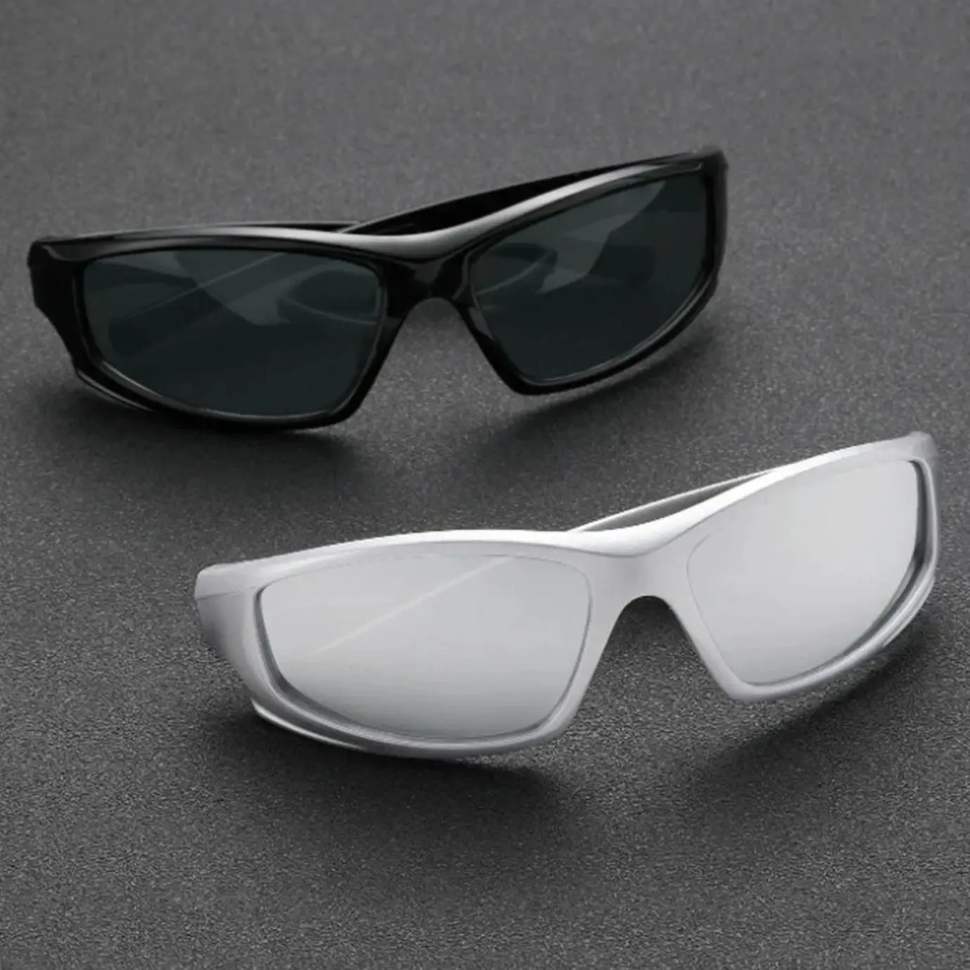 2 Pairs Y2K Sports Sunglasses Black Silver Frame Retro Wrap Around Shield Glasses Cyberpunk UV400 Protection Shades for Running Cycling Outdoor Rave