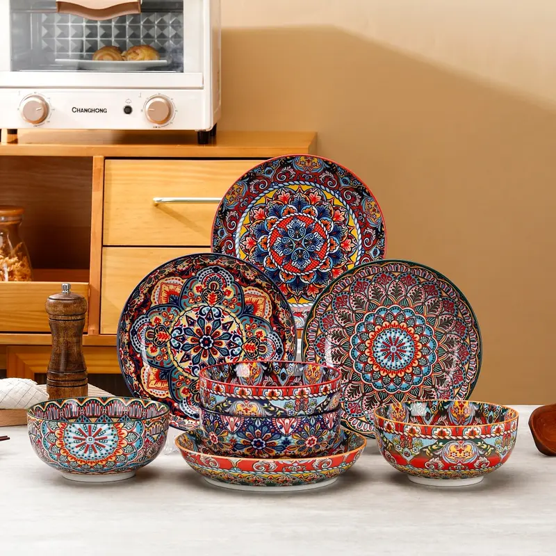 6-Piece Dinnerware Set, Includes 3 Bowls & 3 Plates, Floral & Geometric Patterns, Dishwasher & Microwave Safe, Perfect for Christmas, Ceramic Dinnerware Set, Tableware Set, Dinnerware Service Set, Bowls And Plates Set