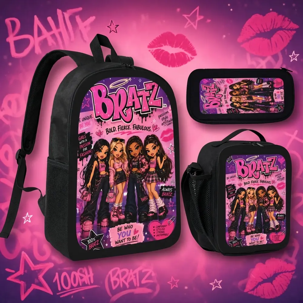 Bratz 3-Piece Backpack Set - 17in Girls' School Bookbag with Lunch Bag & Pencil Case, Pink Purple Y2K Fashion Print Oxford Rucksack, Doll-Themed Gift for Teens