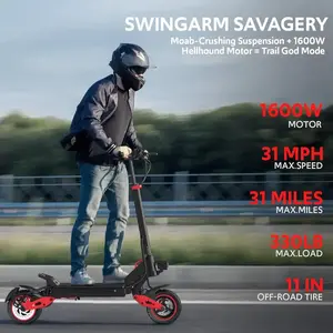 Swingarm Savagery Off-Road Electric Kick Scooter, 1600W Motor, 31 MPH Speed, 31 Mi Range, 11-Inch Tires, LED Screen, Double Suspension, 330 lbs Load Capacity, Trail Ready