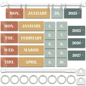 Flip Calendar for Classroom 2025–2028 Modern Boho Bulletin Board Calendar Set with 53 Date Cards Adjustable Rod (15.7"–27.6") Ideal for Teachers Homeschool Student Learning Wall Decor