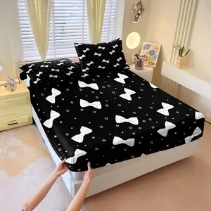 Black Background Starlight White Bow Print Bed Sheet Set, Includes 1 Fitted Sheet & 2 Pillowcases without Filler, sweet cool trendy style, smooth soft & skin-friendly, creates personalized trendy bedroom, ideal for daily use & gifting.