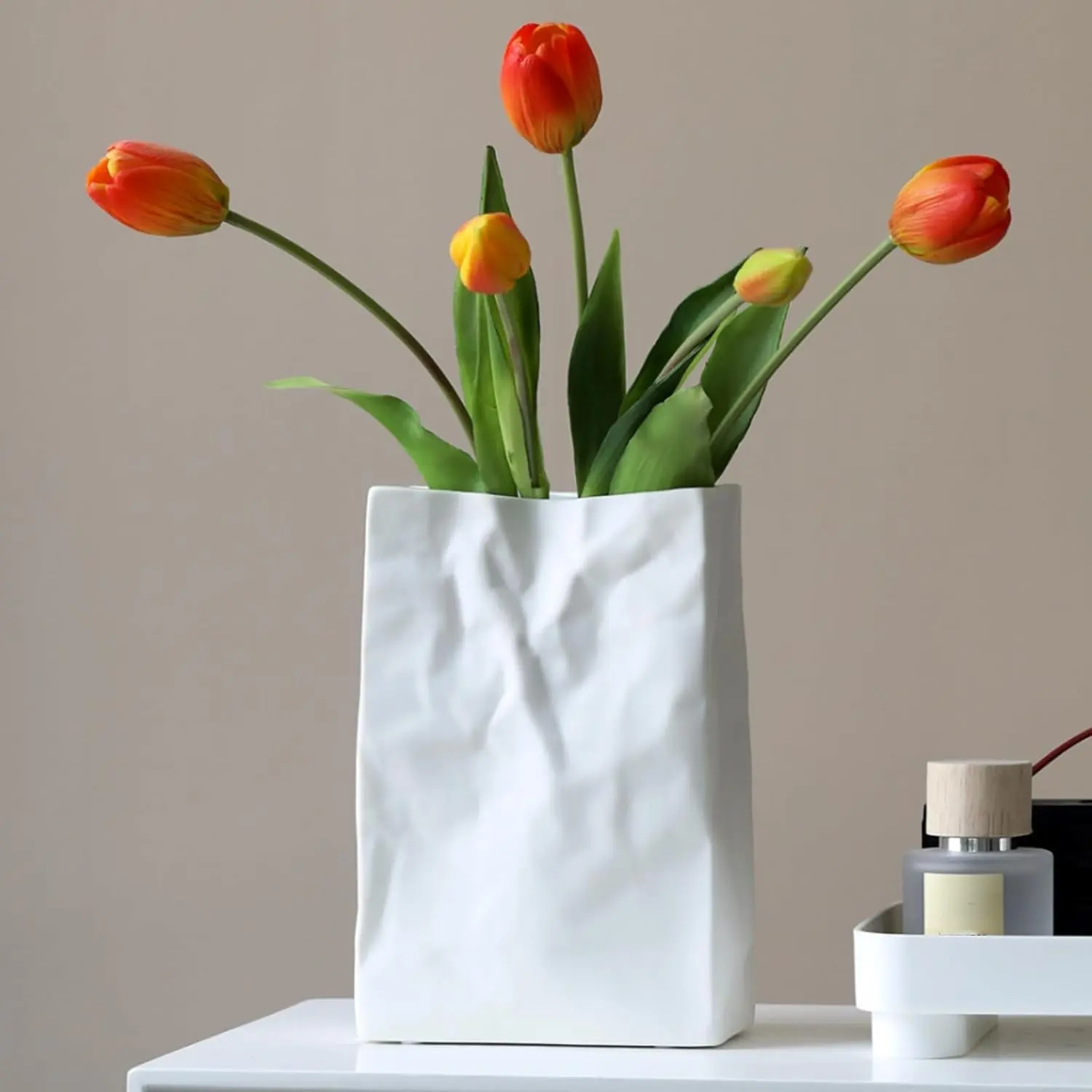 7.5 in White Matte Square Wide-Mouth Crinkle Paper Bag Ceramic Vase - Decorative Artistic Design Vase for Flower Arrangement, Home Office Table Centerpiece, Decorative Vases, Ceramic Vases