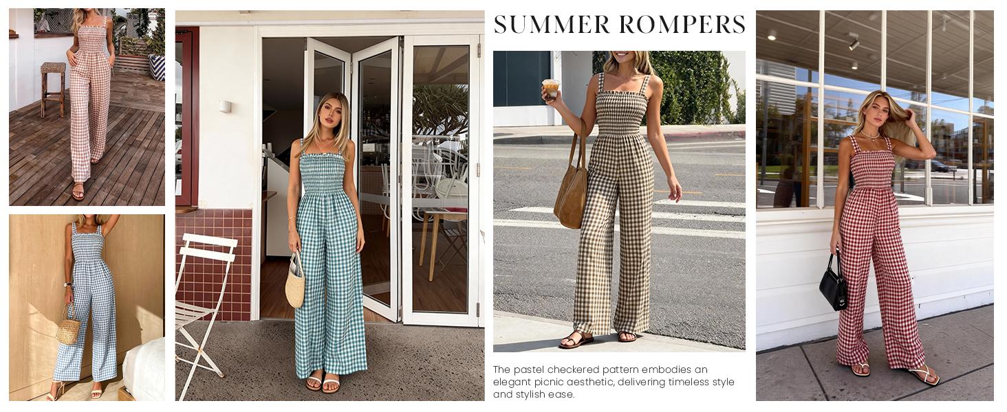 PrettyGarden Plaid One Piece Jumpsuits for Women Casual Summer Cruise Outfits Spring Fashion Smocked Wide Leg Gingham Rompers#Summervibes