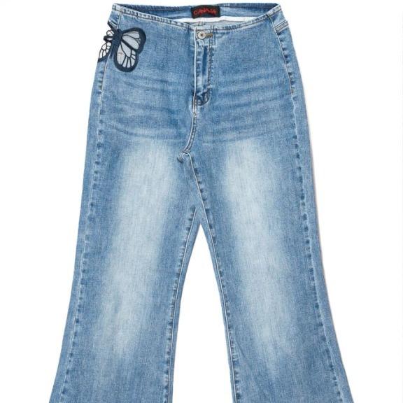 Vanessa CANANA Women's High Rise Stretch Flared Jeans - Mid Wash with Butterfly Embroidery, Minimalist Denim Pants SH25F04