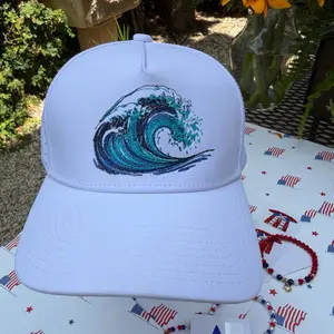 Front Fitted Cotton Baseball Cap, Ocean Wave Embroidered Hat for Everyday Wear