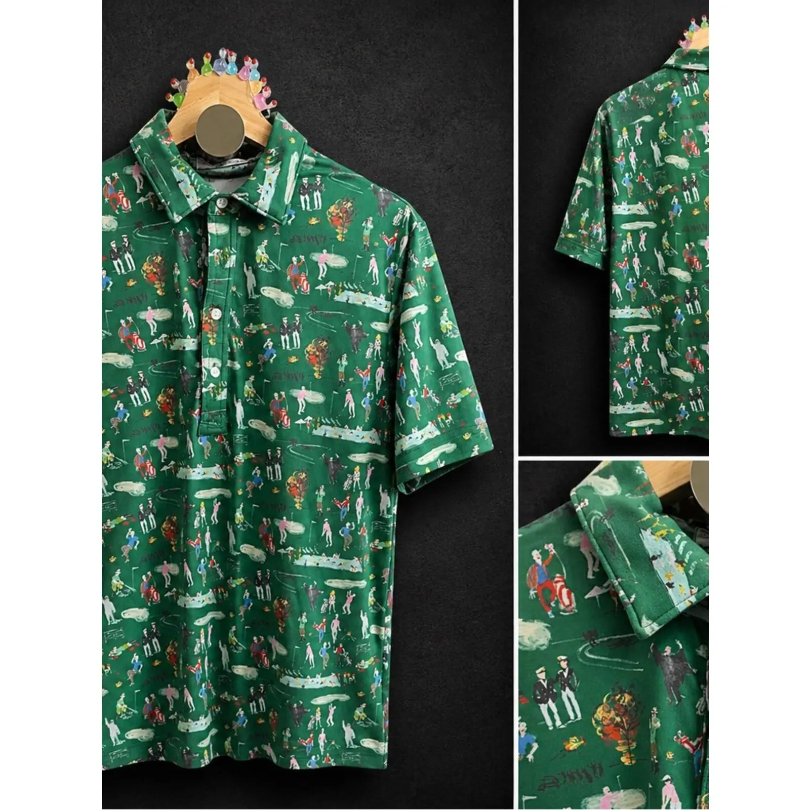 Men's Classic Cricket Green Printed Knit Short-Sleeve Button Polo Shirt - Soft Breathable Fabric, Sporty Preppy Casual Golf Clothes, Shortsleeve, Golf Polo, Button Placket, Mini Print, Preppy Look, Menswear