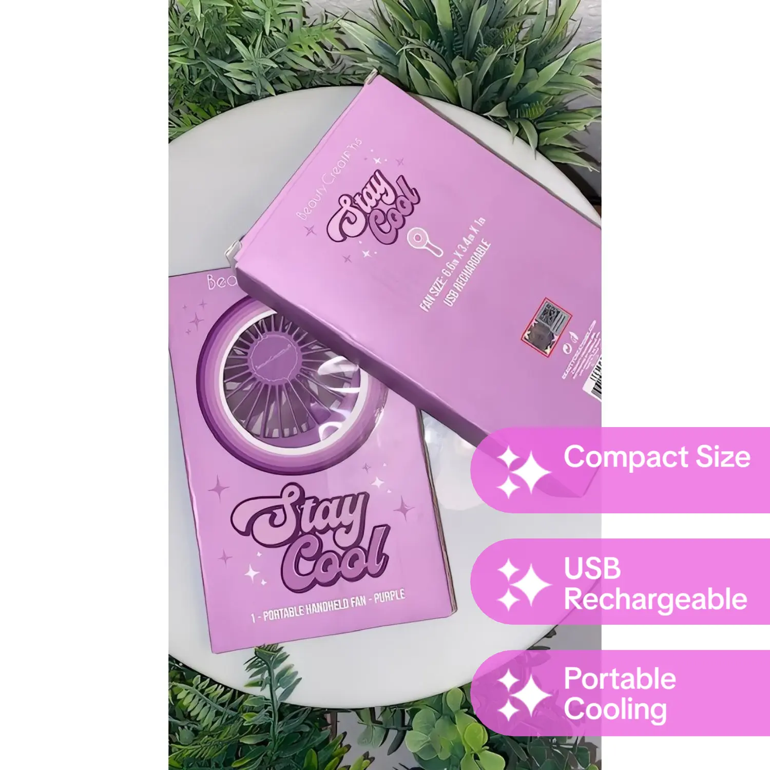 Stay Cool Handheld Fan Purple 6.6in x 3.4in x 1in USB Rechargeable