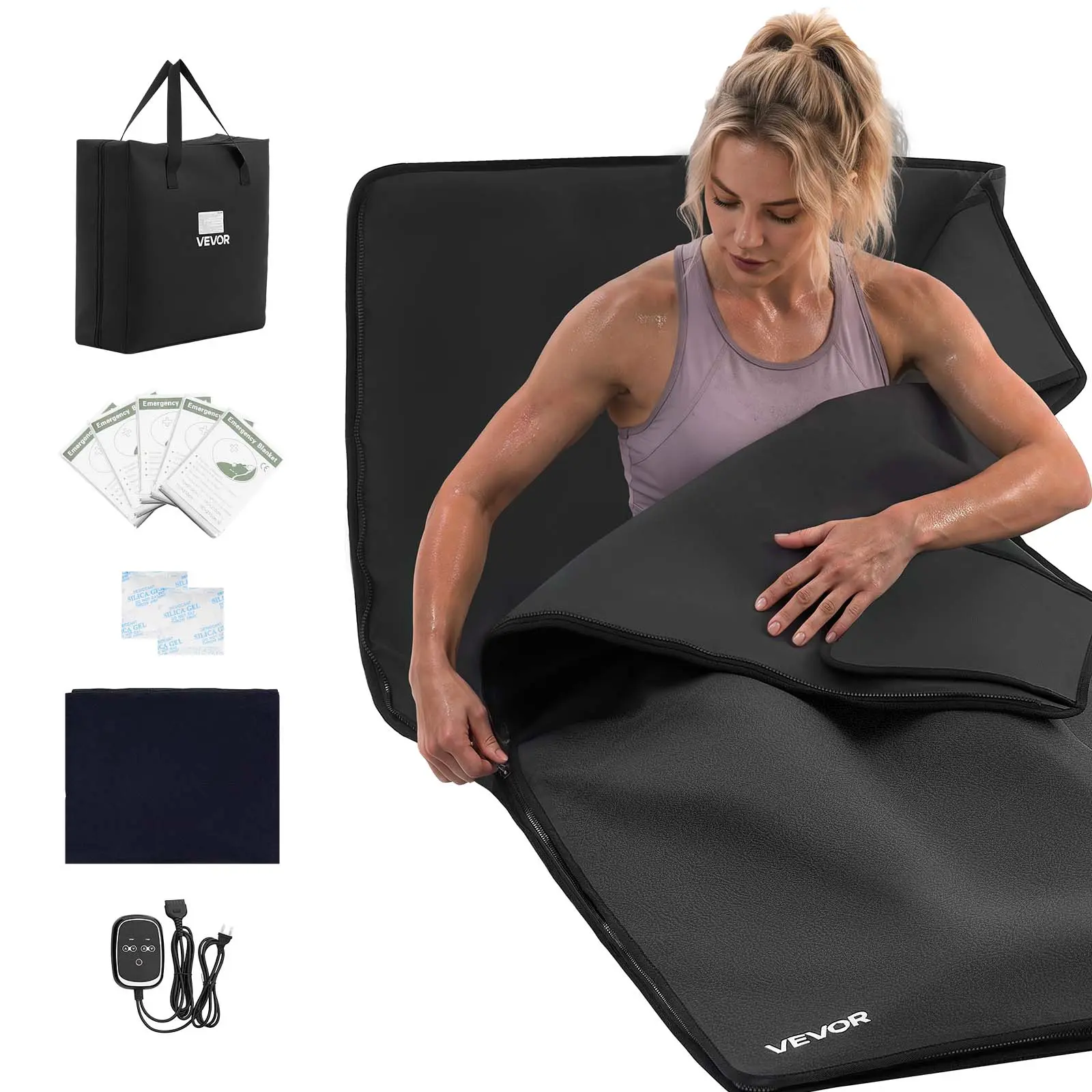 VEVOR Infrared Sauna Blanket with Mineral Stones, 73 x 35 in Sauna Bag, Zero EMF, Portable for Home Detox and Relaxation, Temperature Control & Timer, PU Leather Heating Wrap, Carry Bag, Black