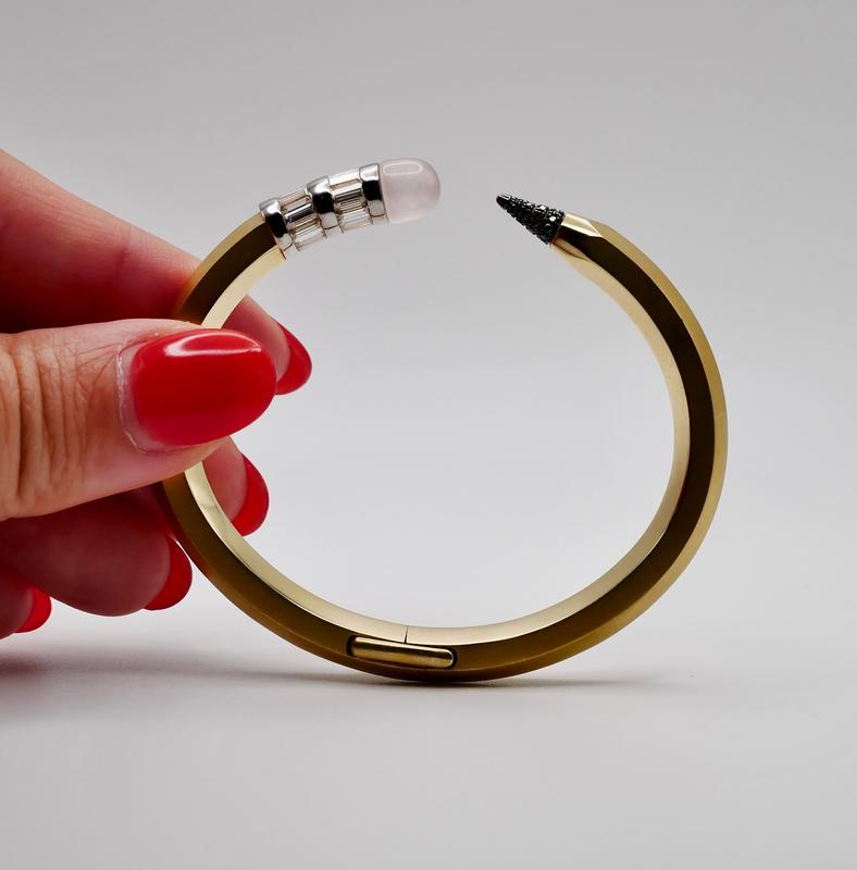 18K Solid Gold Pencil Bracelet Bangle with Moissanite and Pink Nephrite