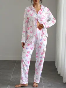 Women's Fall Winter Home Set, Floral Print Party Sleepwear, Button Front Long Sleeve Top and Elastic Pants, Soft Stretch Fabric