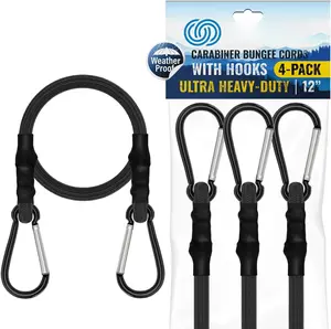 Carabiner Bungee Cords with Hooks Heavy Duty - 12" Elastic Bungee Cords With Carabiner Hooks 200 LBS Max Break Strength, UV Resistant for Camping, Tarps,  Rack, Tent,  - 4 count (Black)