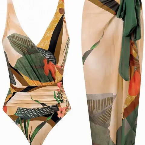 Women's Ruched Backless Tropical Print Wrap Swimsuit & Tie Front Skirt Set, Boho Sleeveless Swimwear Set for Beach Holiday Vacation, Summer Outfits 2024, Summer Swimsuits, Swimsuit Beachwear, Ladies Summer Clothes, National Day Offers