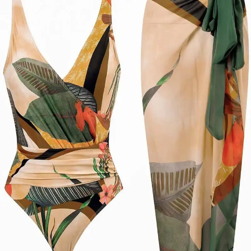 Women's Ruched Backless Tropical Print Wrap Swimsuit & Tie Front Skirt Set, Boho Sleeveless Swimwear Set for Beach Holiday Vacation, Summer Outfits 2024, Summer Swimsuits, Swimsuit Beachwear, Ladies Summer Clothes, National Day Offers