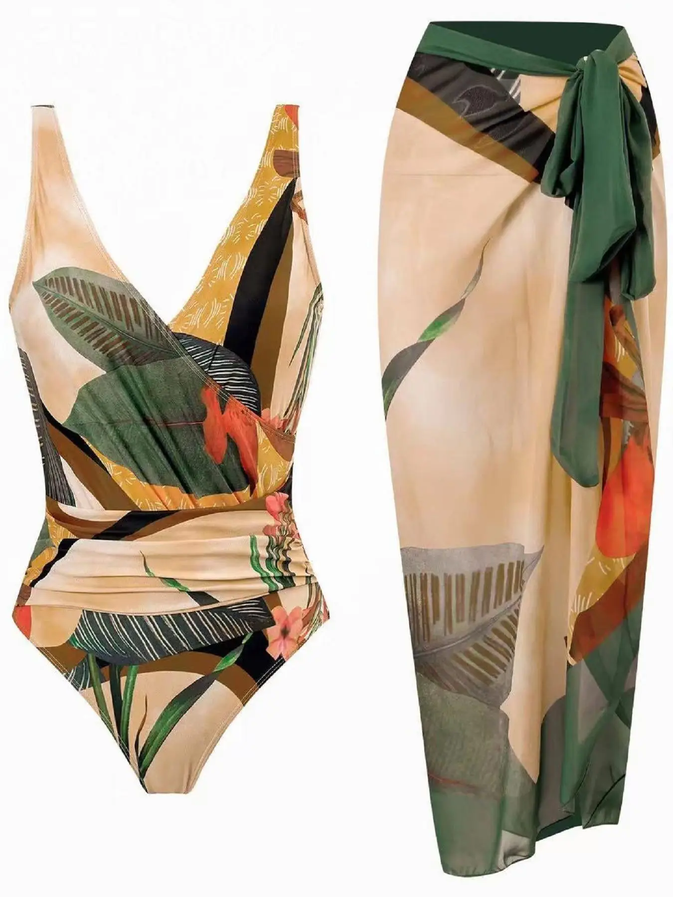 2 Pieces Women's Ruched Backless Tropical Print Wrap Swimsuit & Tie Front Skirt Set, Boho Sleeveless Swimwear Set for Beach Holiday Vacation, Swimsuit