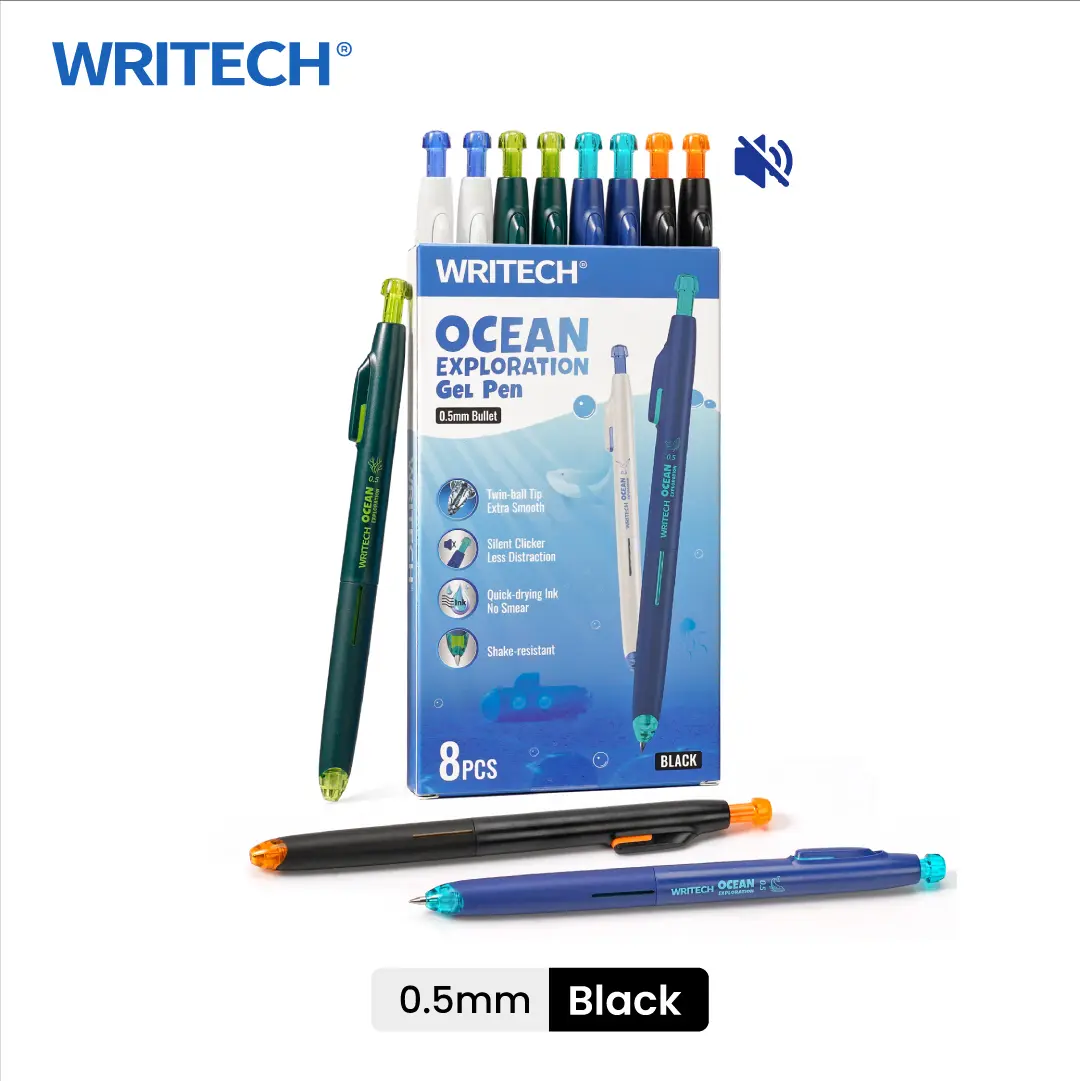 WRITECH Ocean Exploration Retractable Gel Ink Pens 8ct Black Ink 0.5mm Fine Point Tip Click Pen for Smooth Writing Journaling Note Taking & Sketching Inspired by Ocean Life