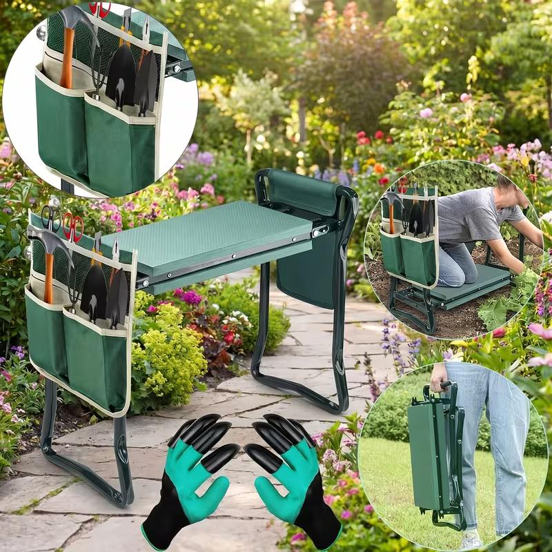 2-in-1 Green Metal Garden Kneeling Stool & Seat, Heavy-Duty Foldable Bench with Tool Pouch, EVA Foam Kneeling Pad, Portable Garden Tool Gear for Gardening & Camping