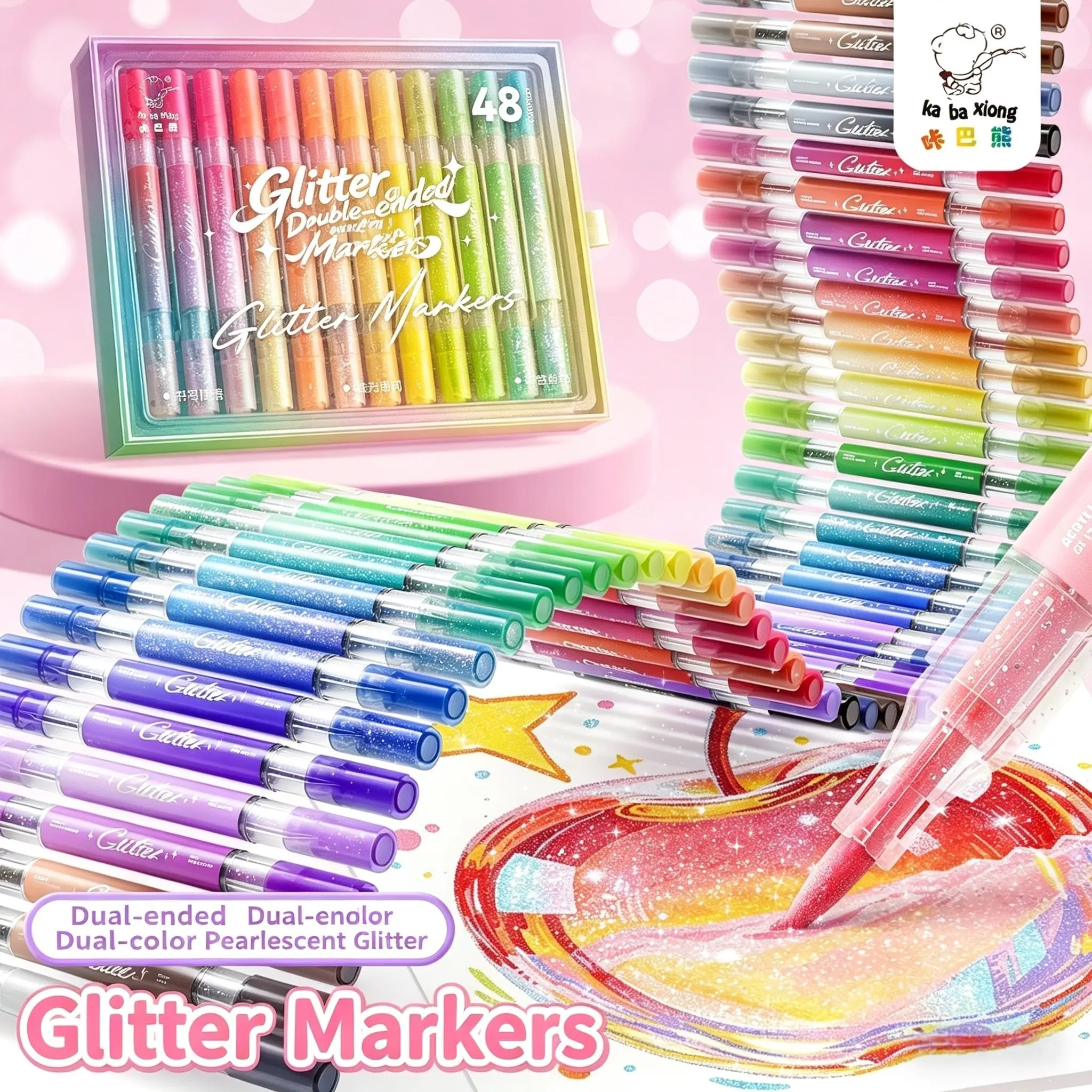 Dual-Ended Pearl Marker Pens, 24/36/48 Colors, Smooth Tip, Glossy Finish, Transparent Gift Box, Ideal for Art & Gifts