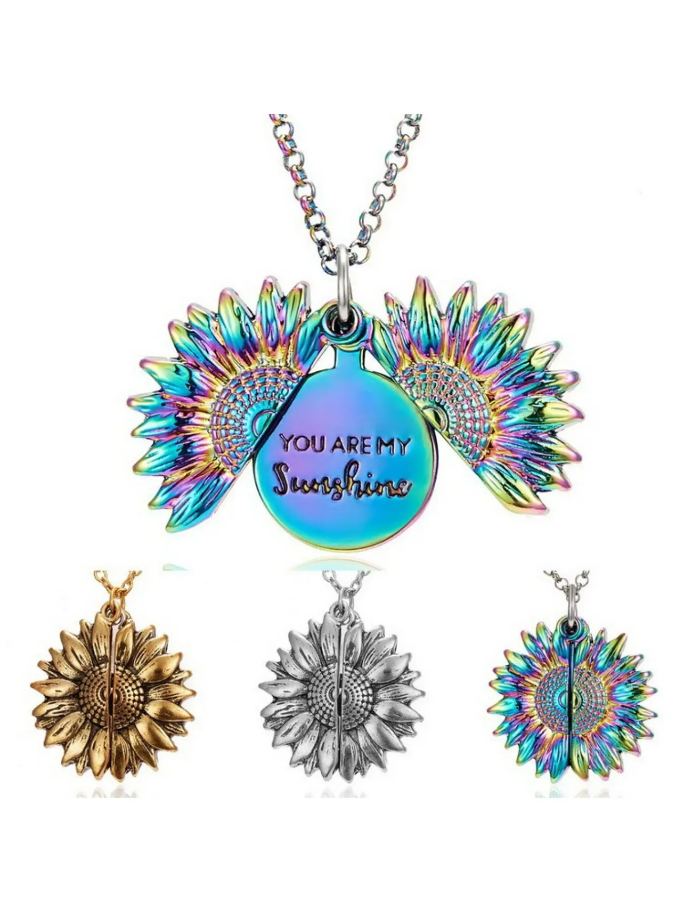 You Are My Sunshine Sunflower Necklace, Personalized Statement Necklace, Openable Engraving Dual-Sided Pendant, Trendy Jewelry for Personalization, Perfect Gift Idea