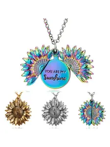 You Are My Sunshine Sunflower Necklace, Personalized Statement Necklace, Openable Engraving Dual-Sided Pendant, Trendy Jewelry for Personalization, Perfect Gift Idea
