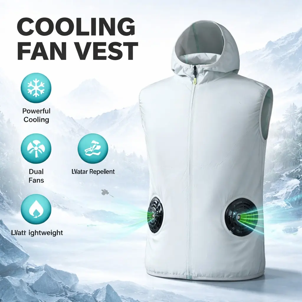 Lightweight Waterproof Cooling Fan Vest, Dual Turbine Refrigeration Sun Protection Hooded Backless, Outdoor Summer Workwear