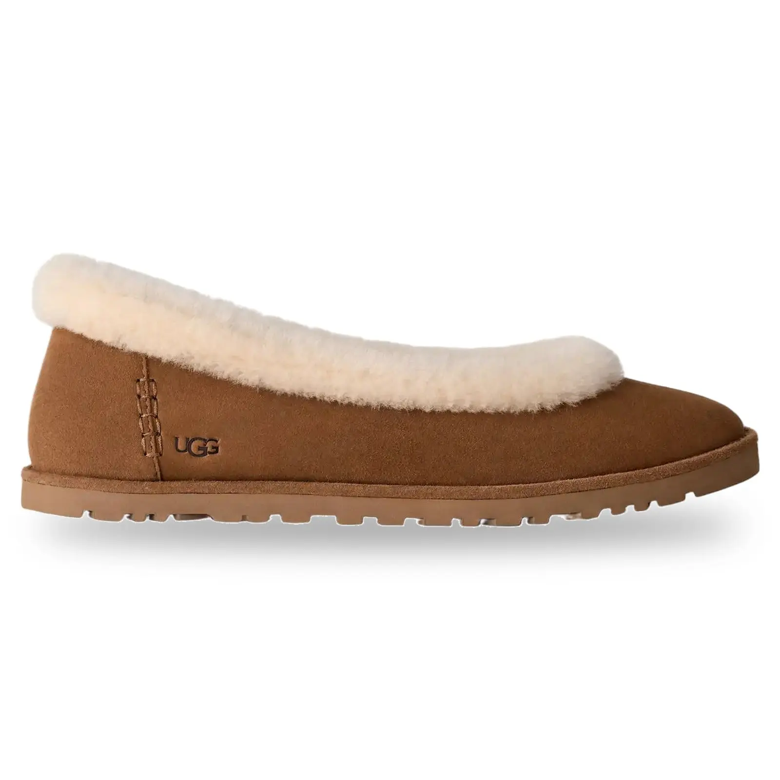 UGG Women's Zora Chestnut Brown Ballet Flat Slip-On Slipper Shoe - 100% Authenticity Guaranteed, Soft Suede, Fluffy Lining, Durable Rubber Sole, Comfortable Warmth, Bedroom Walking, Model 1178111-CHE, In Stock & Ready to Ship