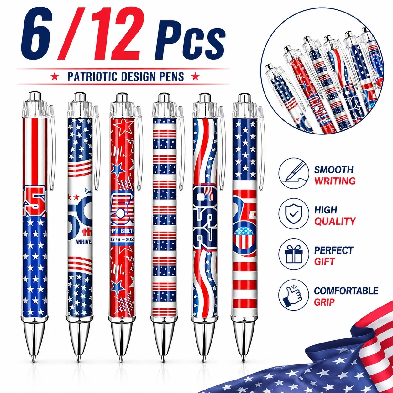 6/12pcs 250Th Anniversary Pens American Flag Patriotic Pens July 4Th Party Favors Black Ink Star Stripe Ballpoint Memorial Day Independence Day 250Th Souvenir Gift for Office School, Veterans Writing Stationery Pen Set